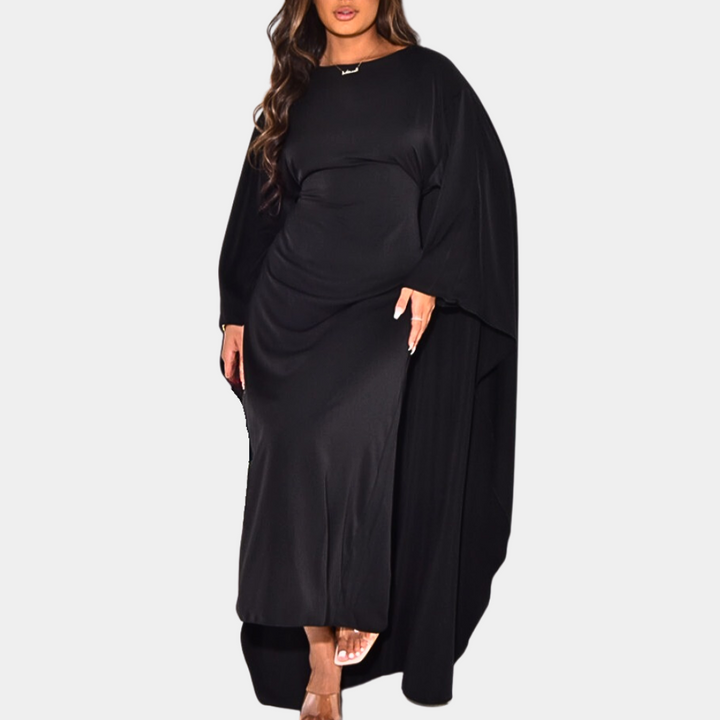 Zwarte maxi-jurk met lange mouwen, elegante avondjurk, vloeiende stof, geschikt voor formele gelegenheden, modieuze dameskleding.