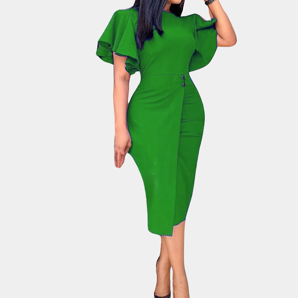 Groene midi-jurk met korte mouwen en asymmetrische knoopsluiting, elegante damesmode, geschikt voor formele gelegenheden en stijlvolle outfits.