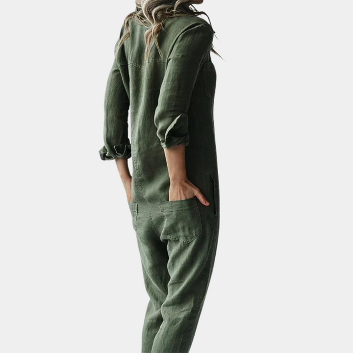 Groene linnen jumpsuit voor dames, driekwart mouwen, casual stijl, comfortabele pasvorm, perfect voor lente en zomer.