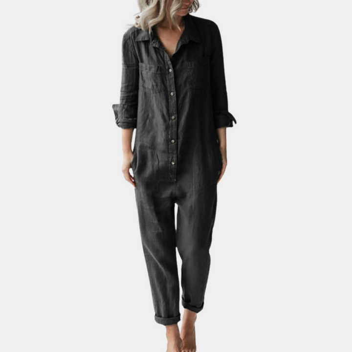 Zwarte linnen jumpsuit voor dames met lange mouwen en knoopsluiting, casual en stijlvol, ideaal voor dagelijks gebruik en modieuze outfits.