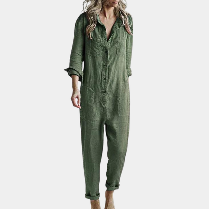 Groene linnen jumpsuit voor dames, lange mouwen, knoopsluiting, casual stijl. Perfect voor lente en zomer. Comfortabele en modieuze outfit.