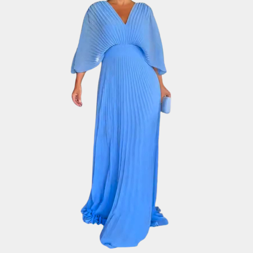 Blauwe avondjurk met plissé details en wijde mouwen, elegante lange jurk voor speciale gelegenheden, modieuze dameskleding.