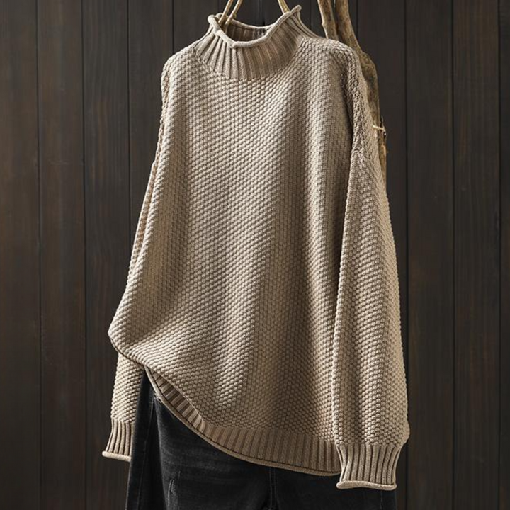 Khaki gebreide trui met col, textuurpatroon en lange mouwen, perfect voor herfstmode. Comfortabele en stijlvolle dameskleding.