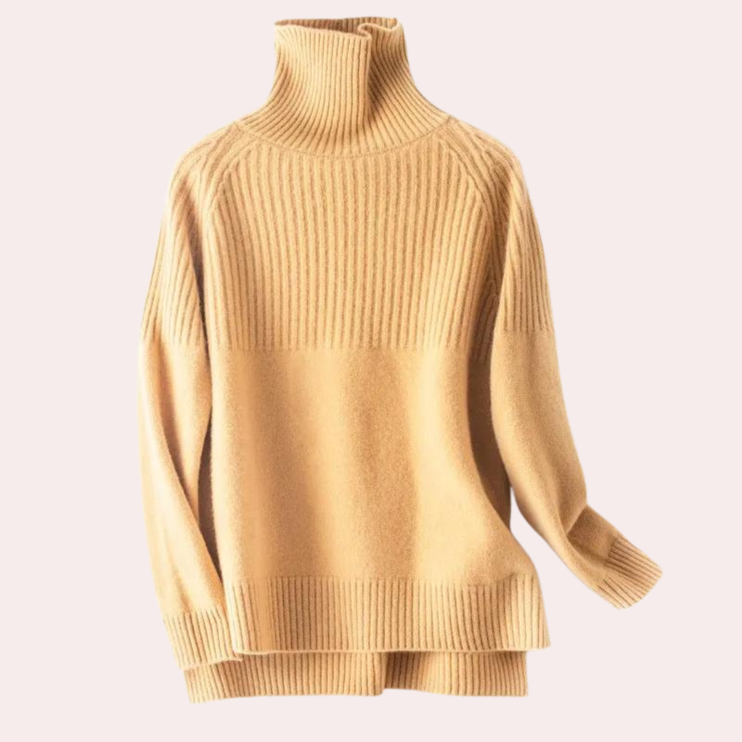 Camelkleurige coltrui dames, ribgebreid, lange mouwen, zachte stof, modieuze herfst- en winterkleding, comfortabele pasvorm, casual stijl.