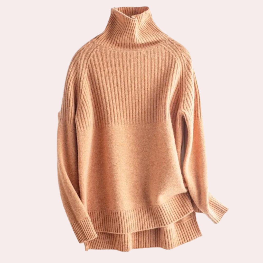 Mosterdgele coltrui dames, ribgebreid, lange mouwen, casual stijl, warme herfst- en wintermode, comfortabele pasvorm, trendy kleding.