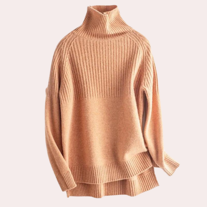 Mosterdgele coltrui dames, ribgebreid, lange mouwen, casual stijl, warme herfst- en wintermode, comfortabele pasvorm, trendy kleding.