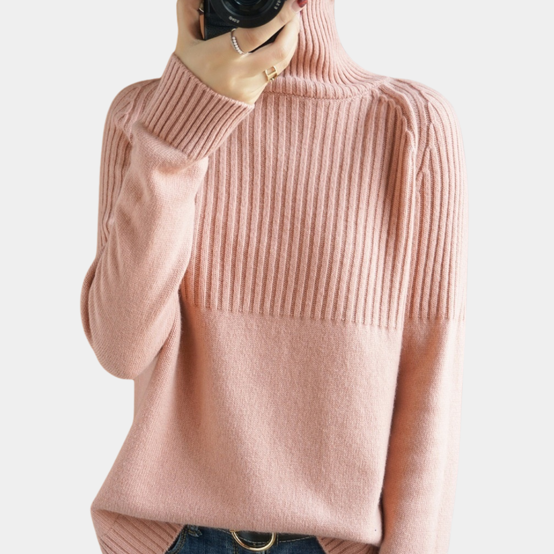 Roze coltrui dames, ribgebreid ontwerp, modieuze winterkleding, comfortabele pasvorm, trendy trui, casual stijl, warme damesmode.