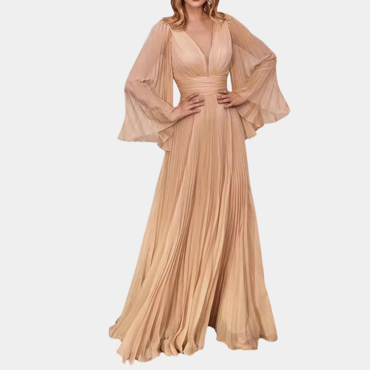 Khaki avondjurk met lange, geplooide mouwen en diepe V-hals, elegante vloeiende stof, perfect voor formele gelegenheden en gala's.