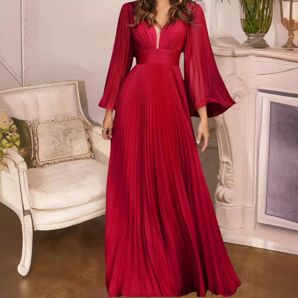 Rode avondjurk met geplooide rok en wijde mouwen, elegante damesmode, perfect voor formele gelegenheden, luxe uitstraling, stijlvolle kleding.