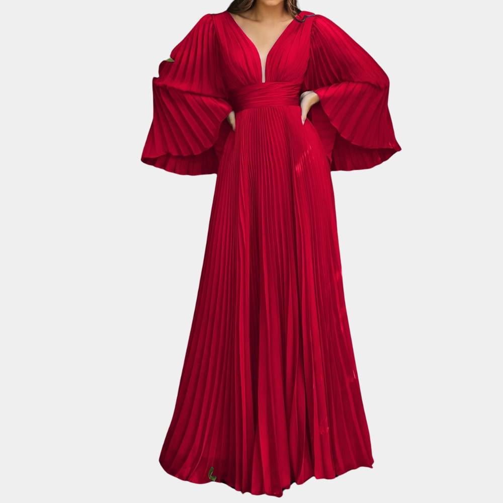 Rode plissé avondjurk met wijde mouwen, elegante V-hals en vloeiende rok. Perfect voor formele gelegenheden en stijlvolle evenementen.