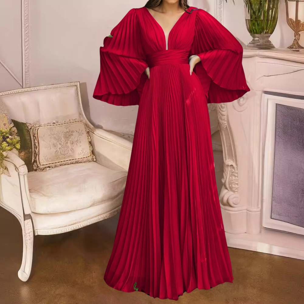 Rode plissé avondjurk met wijde mouwen, elegante V-hals en vloerlengte, perfect voor formele gelegenheden. Luxe damesmode, stijlvolle avondkleding.