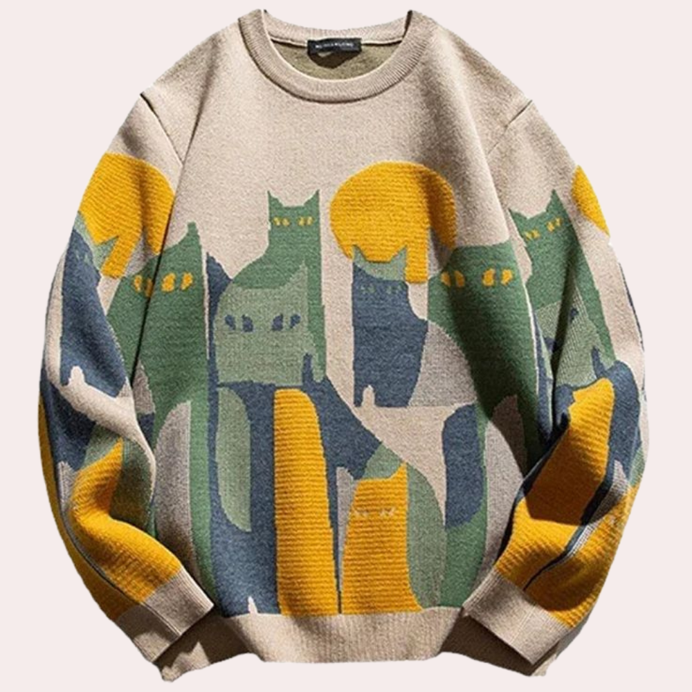 Beige trui met kleurrijke kattenprint, abstracte kunststijl, lange mouwen, unisex design, modieuze herfstmodesweater, katoenen stof.