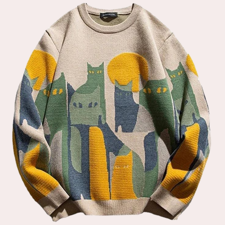 Beige trui met kleurrijke kattenprint, abstracte kunststijl, lange mouwen, unisex design, modieuze herfstmodesweater, katoenen stof.