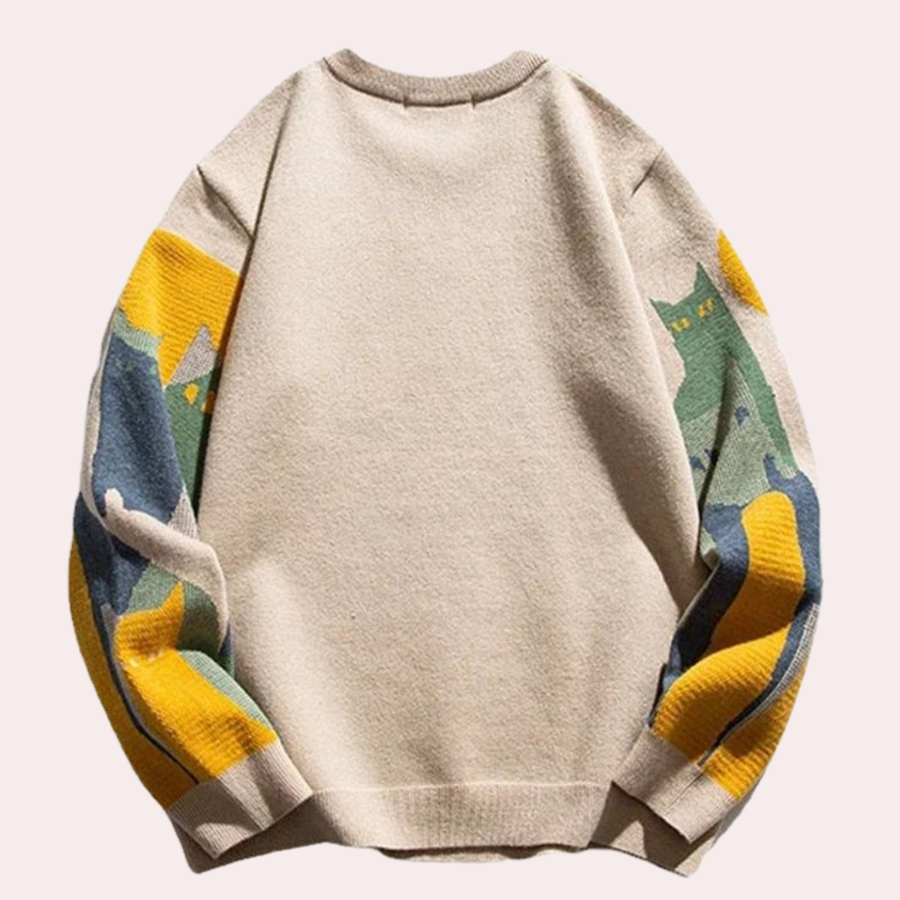 Beige trui met kleurrijke abstracte patronen op de mouwen, unisex design, katoenen stof, modieuze herfstsweater, casual kleding.