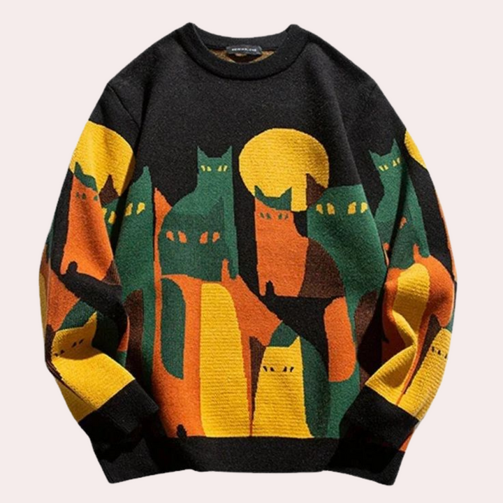 Zwarte trui met kleurrijke kattenprint, oranje en groene tinten, ronde hals. Perfect voor herfstmode, unisex design, comfortabele pasvorm.