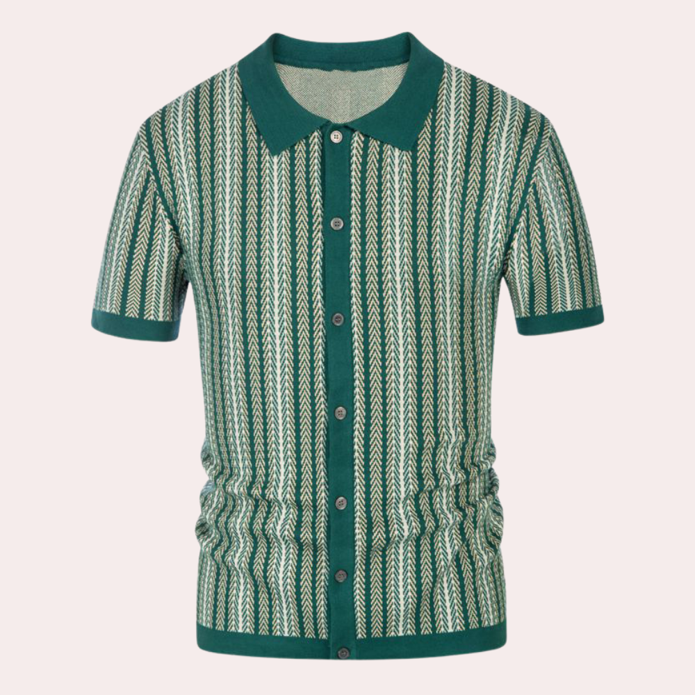 Groen gestreept herenoverhemd met korte mouwen, knoopsluiting en kraag. Modieus en comfortabel, ideaal voor casual en formele gelegenheden.