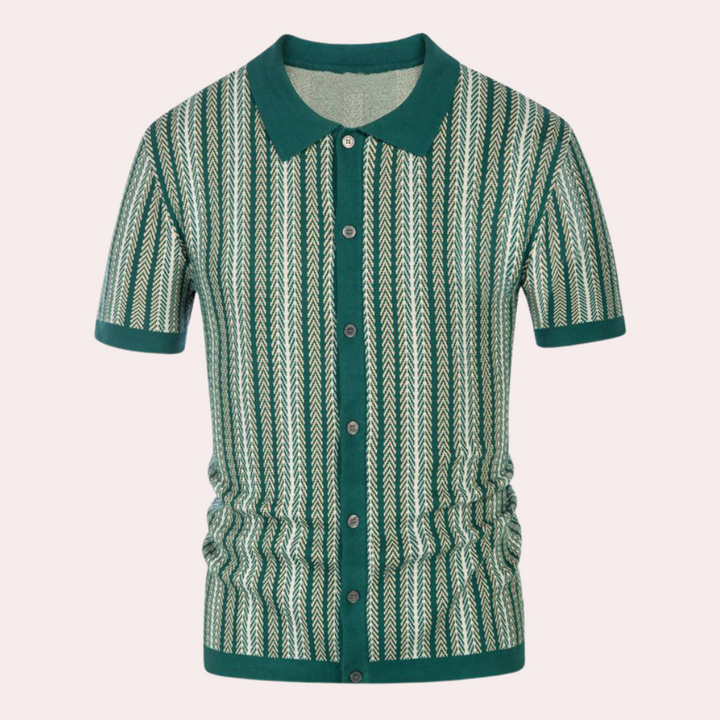 Groen gestreept herenoverhemd met korte mouwen, knoopsluiting en kraag. Modieus en comfortabel, ideaal voor casual en formele gelegenheden.