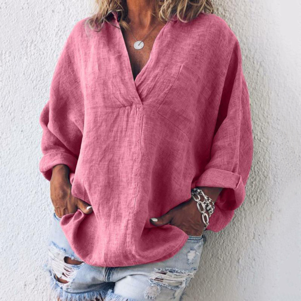 Roze linnen blouse voor dames, casual oversized pasvorm, lange mouwen, V-hals, ideaal voor lente en zomer. Perfecte keuze voor modieuze outfits.