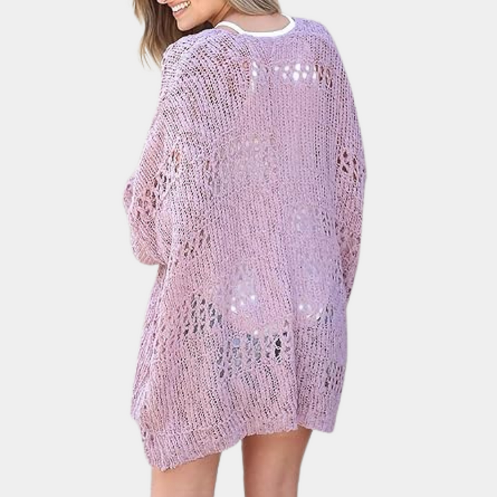 Paarse gehaakte damestrui, opengewerkt design, lange mouwen, casual stijl, perfect voor lente en zomer, modieuze en comfortabele pasvorm.