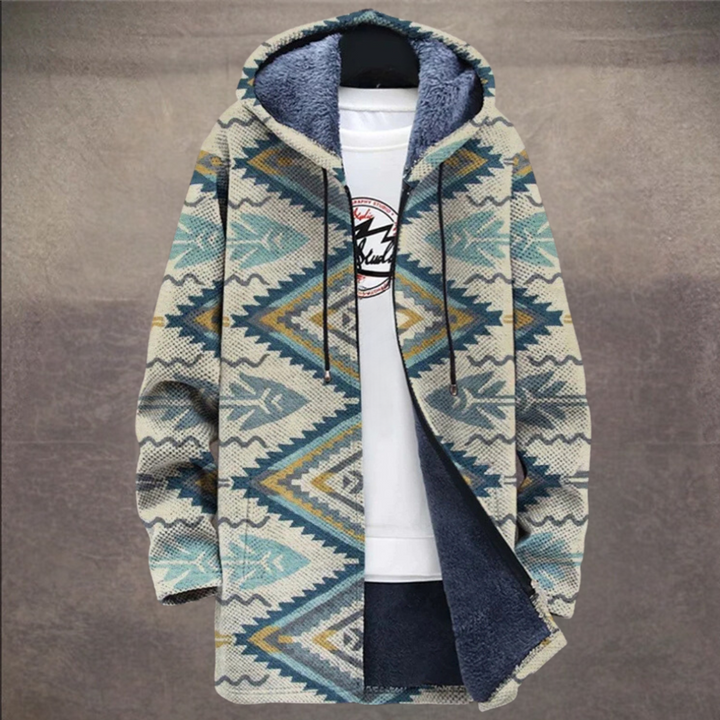 Azteekse print hoodie met capuchon, blauw en beige geometrisch patroon, herenmode, winterkleding, warme voering, casual stijl.