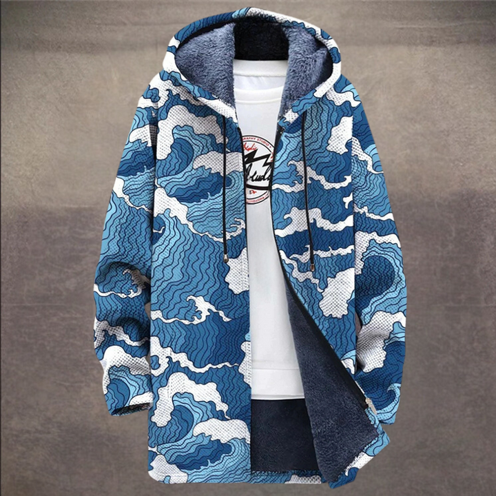 Blauwe camouflage hoodie met witte en grijze accenten, gevoerd met fleece. Perfect voor casual streetwear en wintermode. Unisex ontwerp.