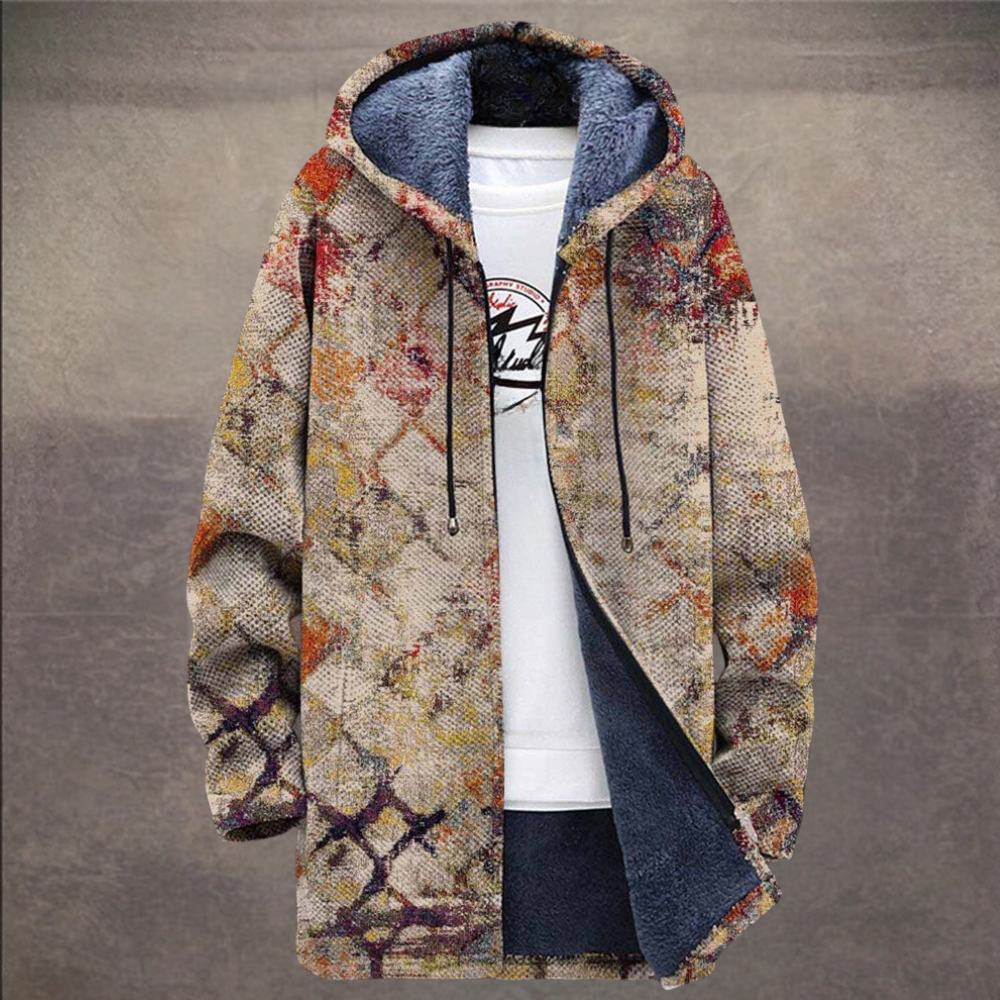 Stijlvolle heren hoodie met kleurrijk geometrisch patroon, warme voering en capuchon. Perfect voor casual wintermode. Comfortabele en trendy jas.