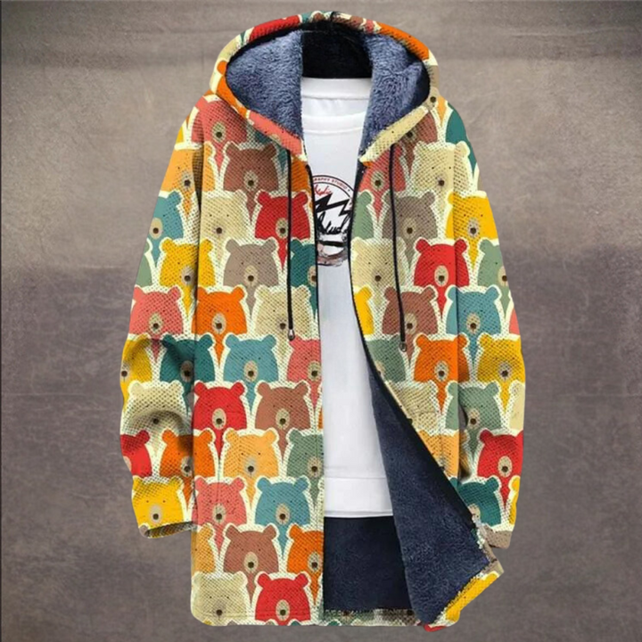 Kleurrijke fleece hoodie met berenprint, gevoerd met zachte stof. Perfect voor wintermode, warme kleding, casual stijl. Unisex ontwerp.