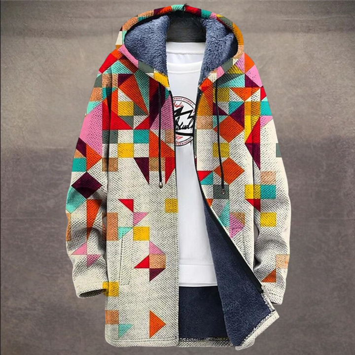 Kleurrijke geometrische herenjas met capuchon, grafisch patroon, wintermode, warme voering, trendy streetwear, opvallend design, casual stijl.