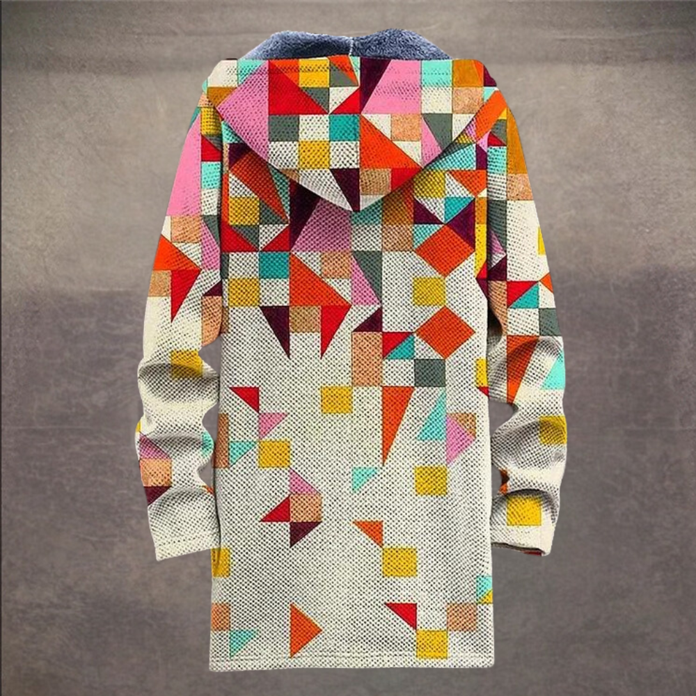 Kleurrijke geometrische patchwork jas met capuchon, retro design, lange mouwen, unieke stijl, modieuze dameskleding, herfst-winter mode.