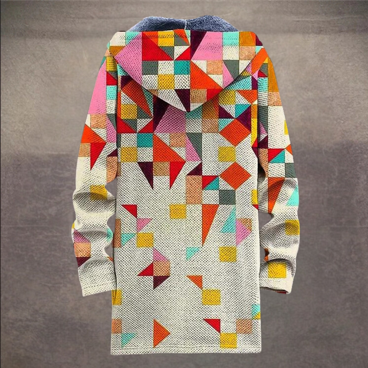Kleurrijke geometrische patchwork jas met capuchon, retro design, lange mouwen, unieke stijl, modieuze dameskleding, herfst-winter mode.