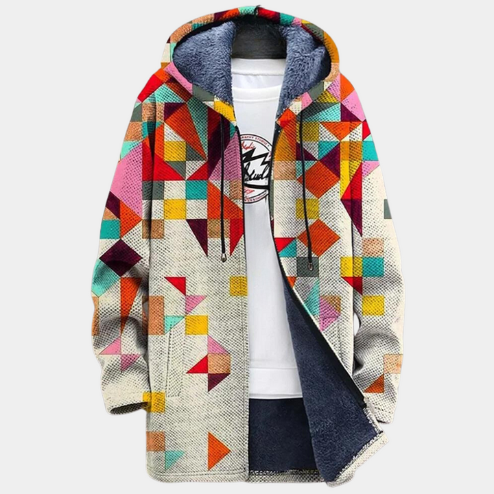 Kleurrijke geometrische patchwork hoodie met capuchon, fleece voering en ritssluiting. Trendy streetwear voor heren, ideaal voor herfst en winter.