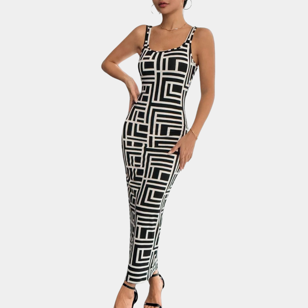 Zwarte geometrische jurk met vierkante patronen, mouwloos ontwerp, nauwsluitende pasvorm, gedragen door model. Perfect voor avondkleding en mode.