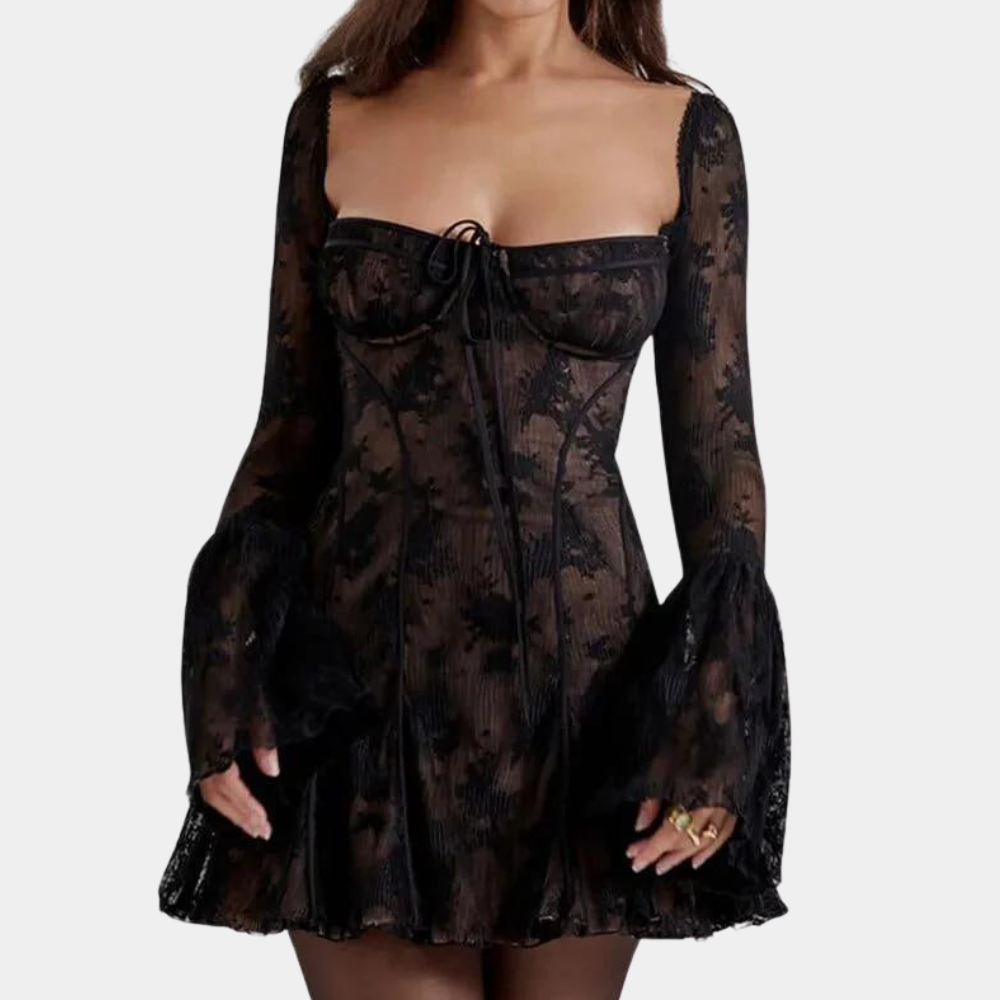 Zwarte kanten mini-jurk met lange mouwen en bloemenpatroon, elegante avondkleding, perfecte pasvorm, trendy mode voor dames.