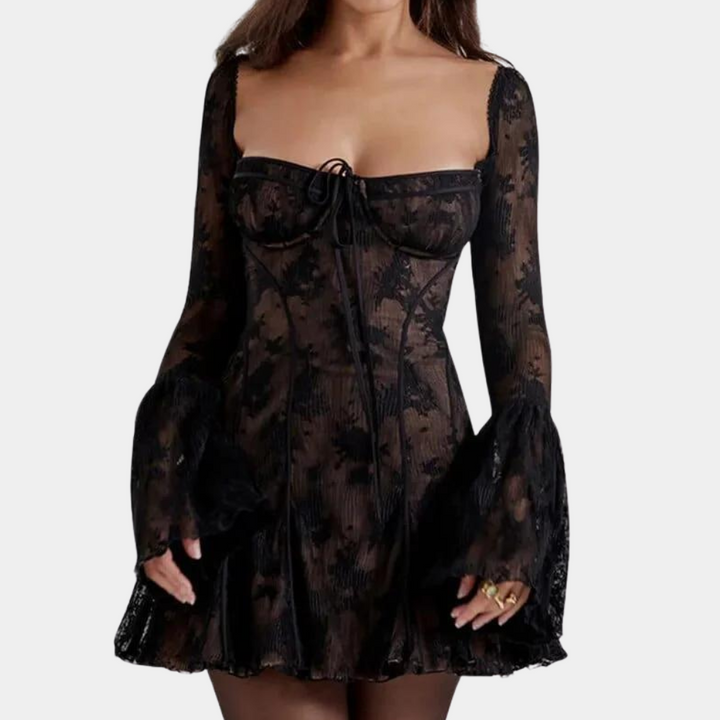 Zwarte kanten mini-jurk met lange mouwen en bloemenpatroon, elegante avondkleding, perfecte pasvorm, trendy mode voor dames.