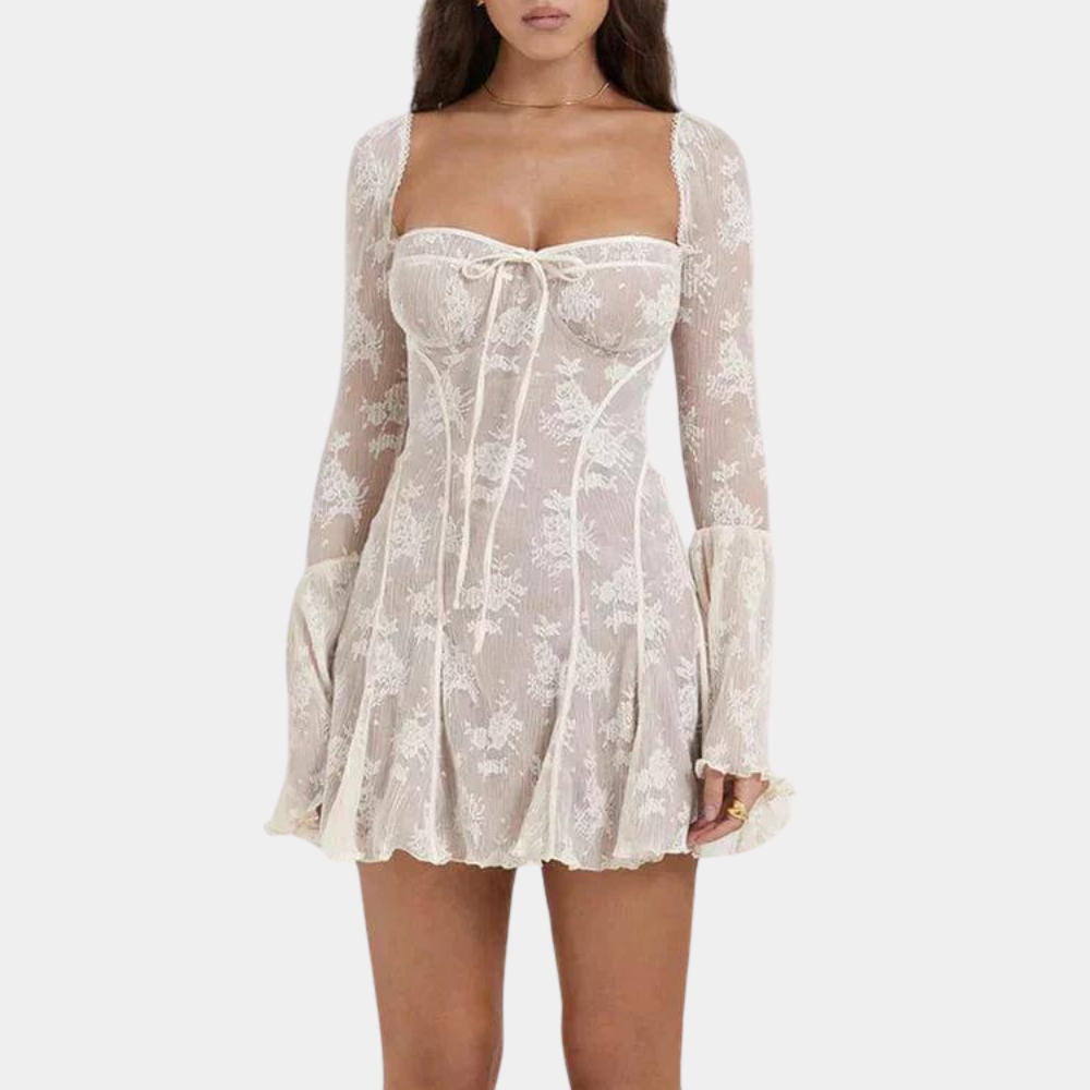 Witte kanten jurk met lange mouwen en bloemenpatroon, elegante damesmode, perfecte outfit voor speciale gelegenheden en avondkleding.