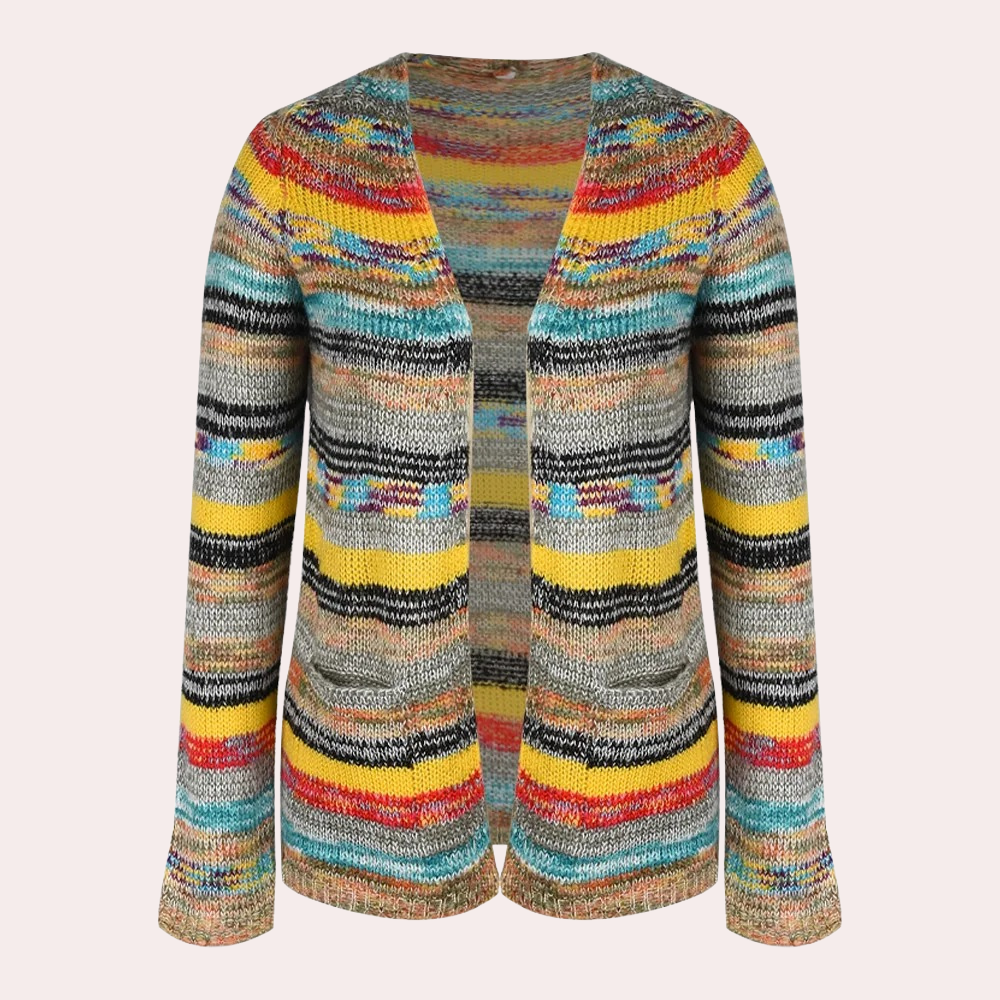 Veelzijdig damesvest met kleurrijk gestreept patroon, lange mouwen en open voorkant. Perfect voor casual en stijlvolle outfits.