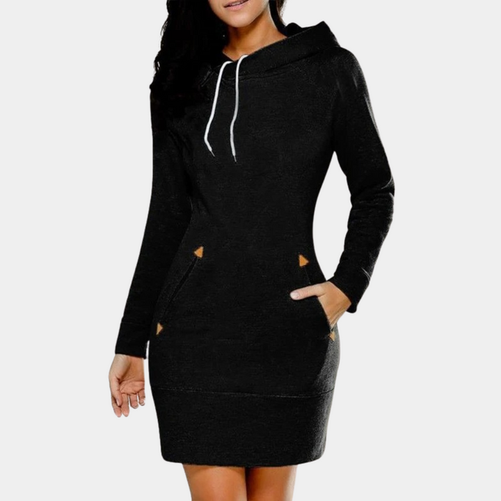 Zwarte dames hoodie-jurk met capuchon en zakken, casual en comfortabel, ideaal voor dagelijks gebruik. Perfecte herfst- en winterkleding.