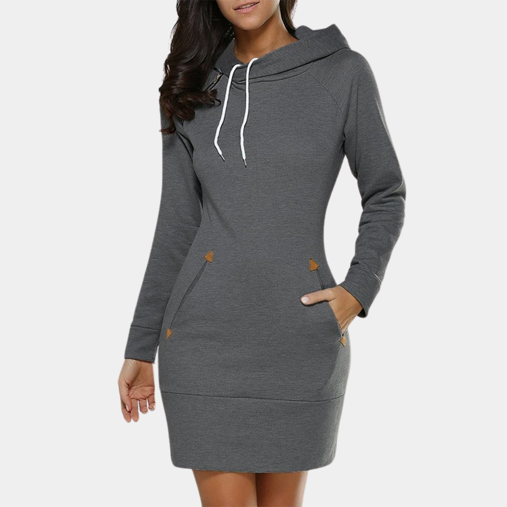 Donkergrijze damesjurk met capuchon, lange mouwen en zakken. Comfortabele casual stijl, ideaal voor herfst en winter. Perfect voor dagelijks gebruik.