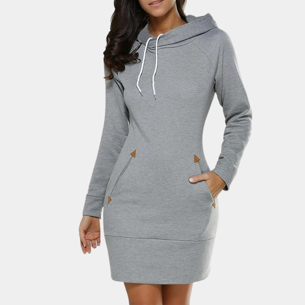 Grijze dames hoodie-jurk met capuchon en zakken, casual en comfortabel, ideaal voor dagelijks gebruik. Perfect voor herfst- en wintermode.