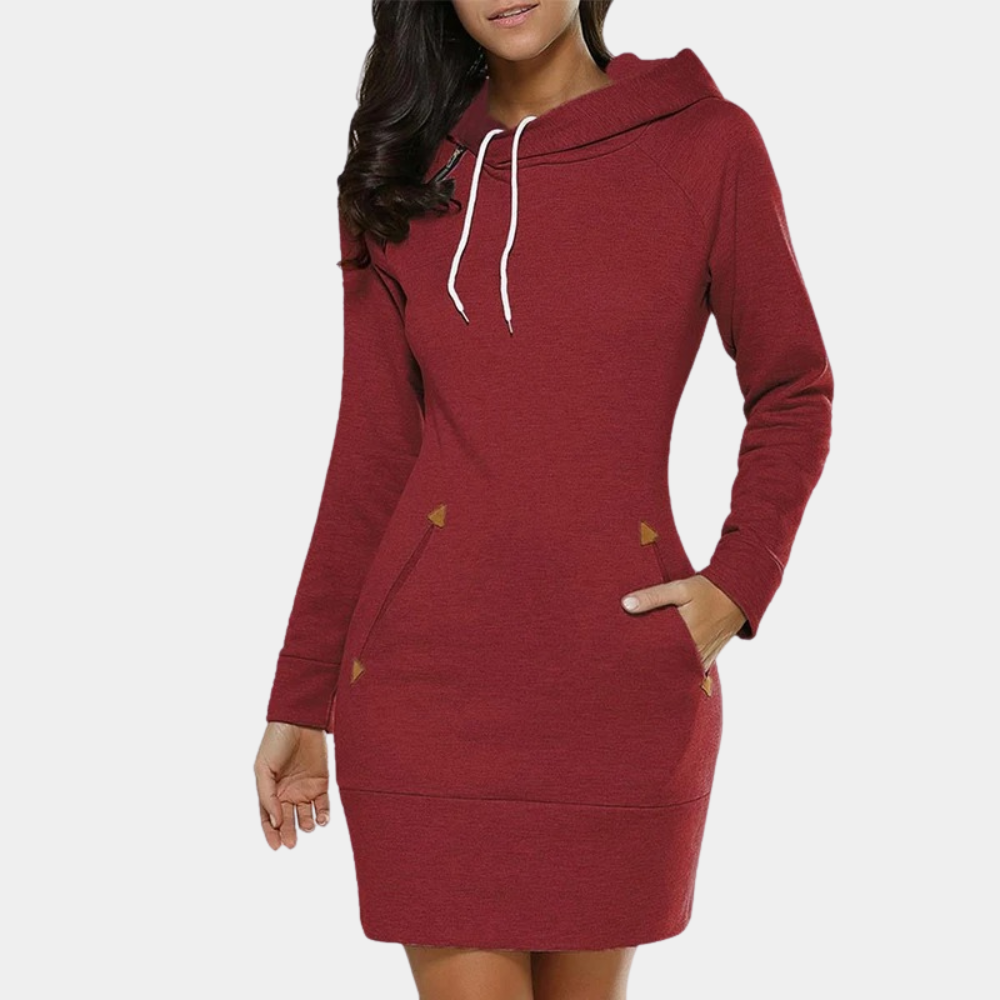 Rode dames hoodie-jurk met capuchon, lange mouwen en zakken. Comfortabele casual mode, ideaal voor herfst en winter. Perfect voor dagelijks gebruik.
