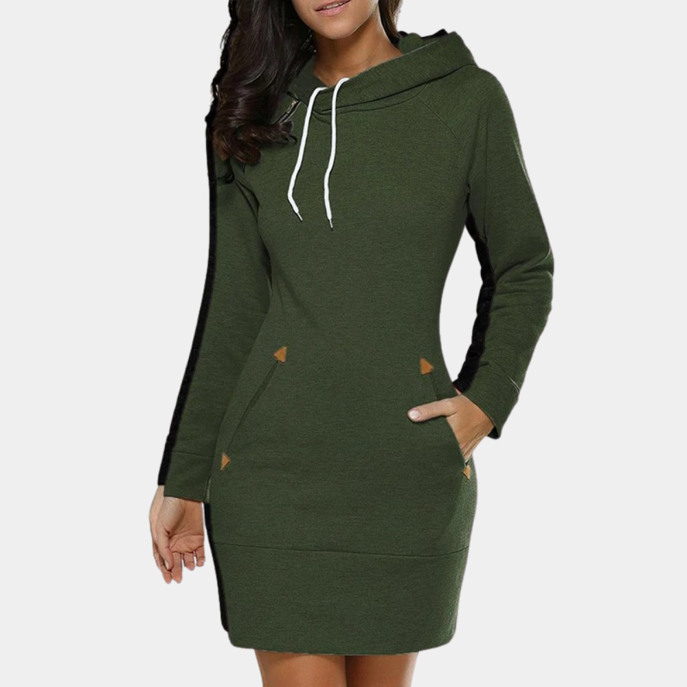 Groene dames hoodie-jurk met capuchon, lange mouwen en zakken. Comfortabele casual mode, ideaal voor herfst en winter.