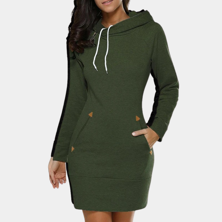 Groene dames hoodie-jurk met capuchon, lange mouwen en zakken. Comfortabele casual mode, ideaal voor herfst en winter.
