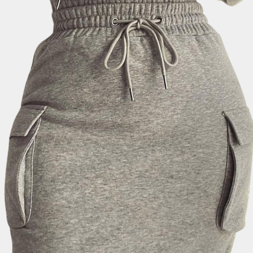 Grijze damesrok met elastische tailleband en trekkoord, zijzakken, comfortabele pasvorm, casual stijl, ideaal voor dagelijks gebruik.