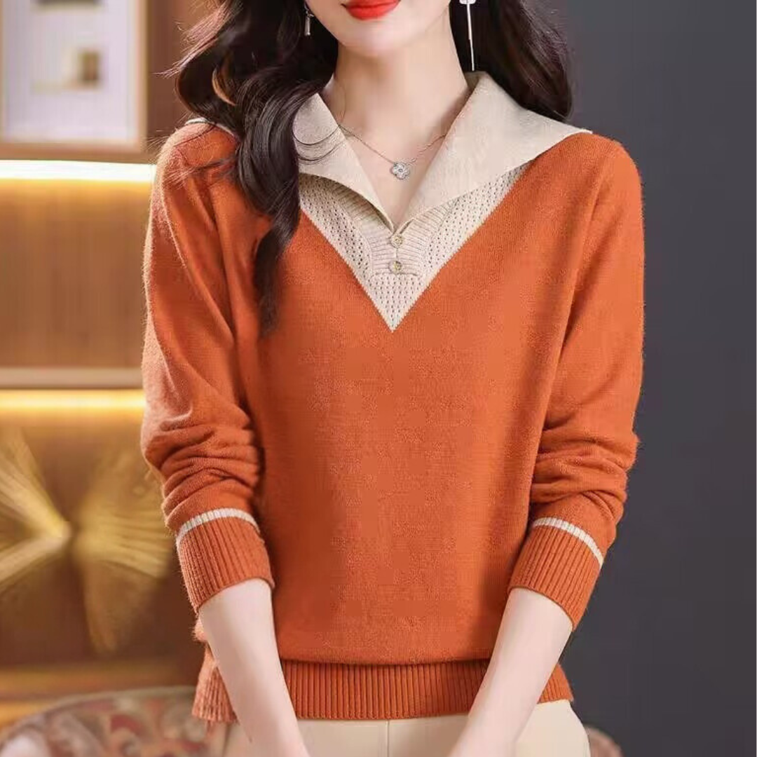 Oranje damestrui met V-hals en beige kraag, lange mouwen, modieuze herfstkleding, comfortabele pasvorm, geschikt voor casual en zakelijke gelegenheden.