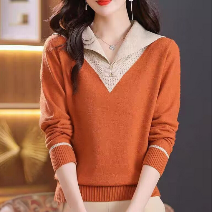 Oranje damestrui met V-hals en beige kraag, lange mouwen, modieuze herfstkleding, comfortabele pasvorm, geschikt voor casual en zakelijke gelegenheden.