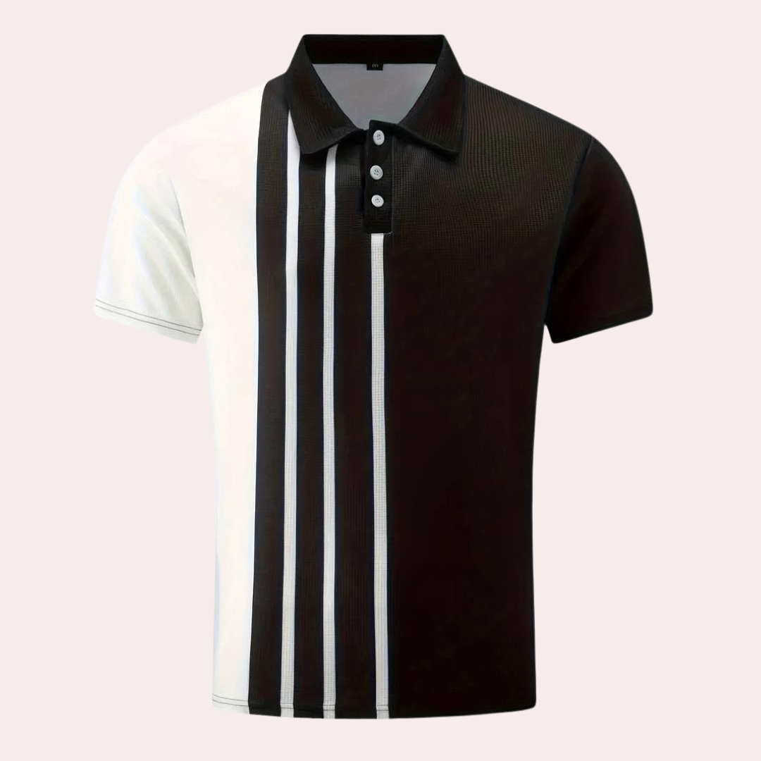 Zwart-wit gestreept poloshirt voor heren, korte mouwen, knoopsluiting, modern design, casual mode, comfortabele pasvorm.