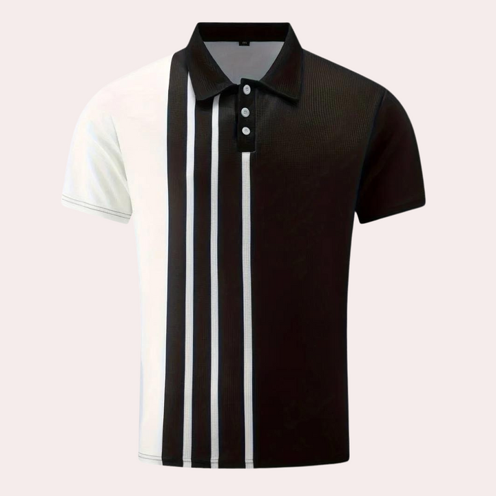 Zwart-wit gestreept poloshirt voor heren, korte mouwen, knoopsluiting, modern design, casual mode, comfortabele pasvorm.