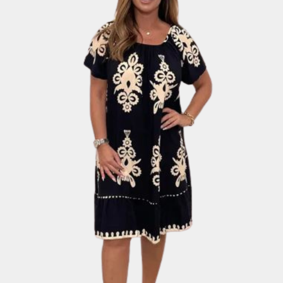 Zwarte jurk met korte mouwen en beige bloemenpatroon, damesmode, casual zomerjurk, boho-stijl, comfortabele pasvorm, trendy kleding.