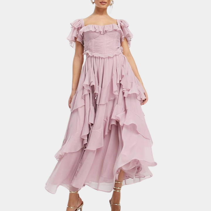 Roze off-shoulder jurk met ruches, vloerlengte, elegante avondjurk, perfect voor bruiloften en gala's. Stijlvol en modieus ontwerp.