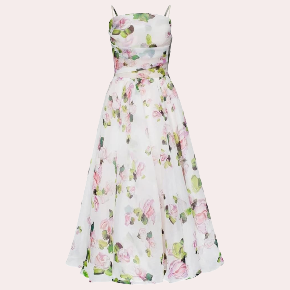 Witte bloemenjurk met roze en groene bloemenprint, mouwloos ontwerp, elegante avondjurk, perfecte keuze voor bruiloften en zomerevenementen.